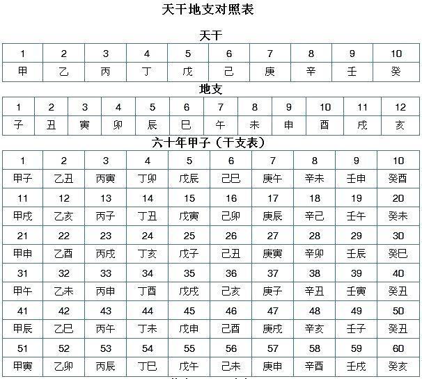 天干地支与数字对照表（天干地支对照表）